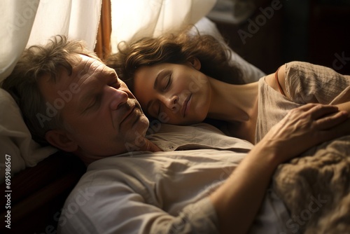A middle-aged couple of a man and a woman sleeping on a bed. A tired couple. The problem with sleep. Insomnia. Sleep Quality photo