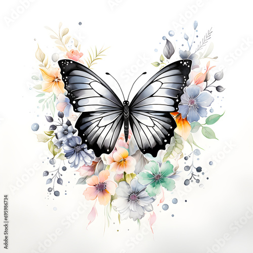 Watercolor Butterflies With Flowers
