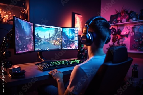 Immersive Gaming Oasis Handsome Gamer Guy Engages in Intense PC Gaming with Multiple Monitors, RGB LED Lights, and Gaming Peripherals. created with Generative AI