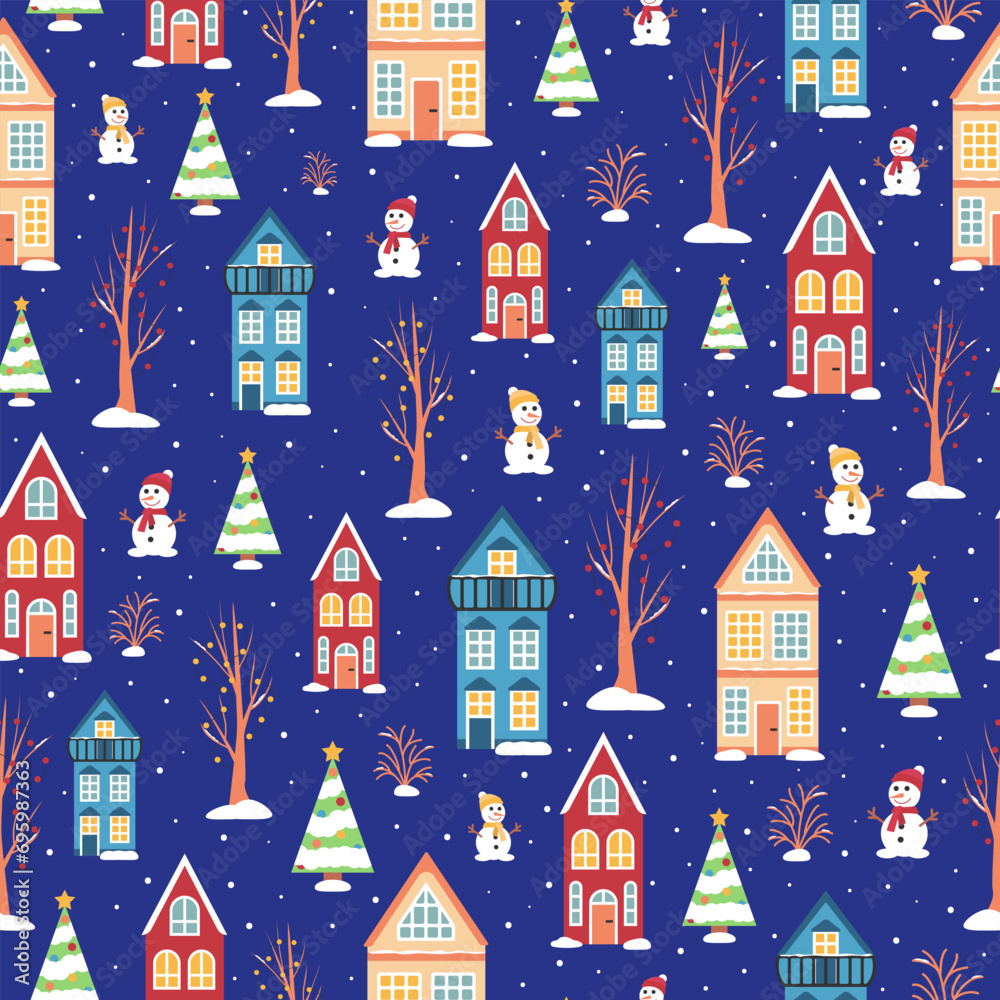 Vector seamless Christmas pattern. Scandinavian houses, snowman