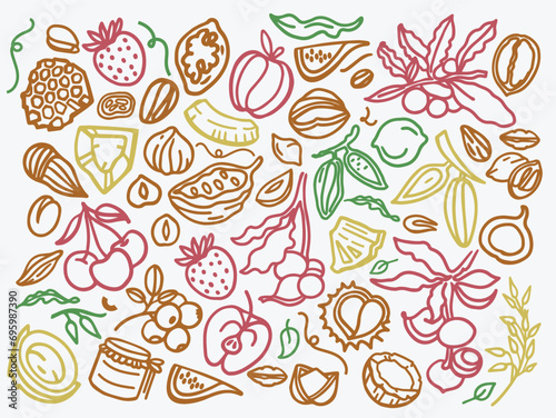 Granola hand drawn vector set. Crunches. Oats with fruits, berries, nuts, cocoa, tasty cereal ingredients. 