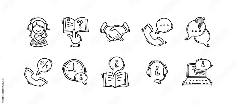 Information desk doodle icon set. Hand drawn sketch customer help info service vector illustration. Contact us, faq, call centre, client counter, reception concept.