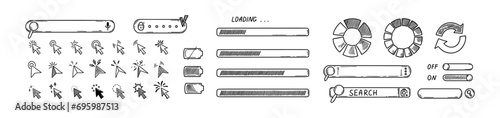 Doodle interface design elements. Click icons collection. Sketch loading bars, search boxes, on off switch, password window, battery charger level