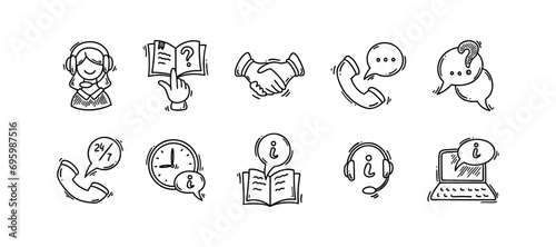 Information desk doodle icon set. Hand drawn sketch customer help info service vector illustration. Contact us, faq, call centre, client counter, reception concept.