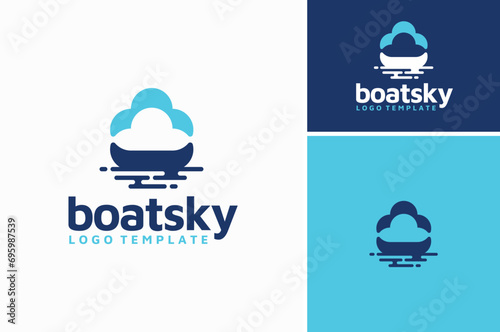 Blue Sky Cloud with Boat Ship on River Lake Ocean Sea Water for Adventure Travel Sailing Transport Logo Design