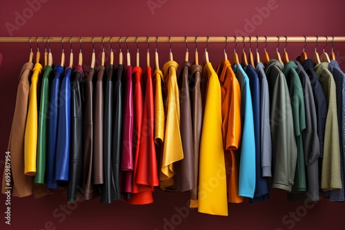 Vibrant and fashionable clothing displayed on colorful clothing rack in a stylish closet