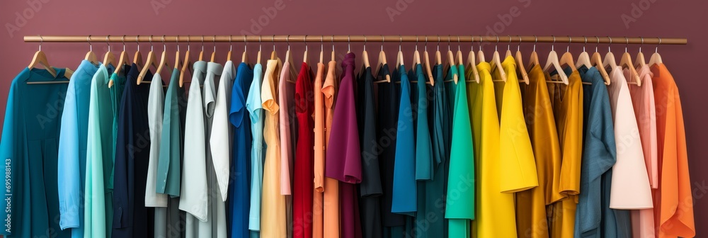 Vibrant assortment of fashionable clothes displayed on a clothing rack in a colorful closet setting