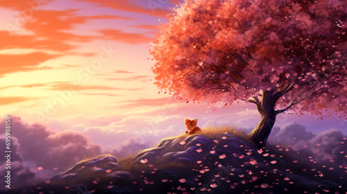 Surreal landscape with pink tree and dog at sunset sky.