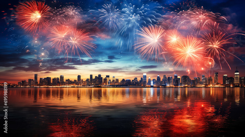Fourth of July Fireworks Extravaganza Above Cityscape or Lake with Red, White, and Blue Hues and Copyspace photo