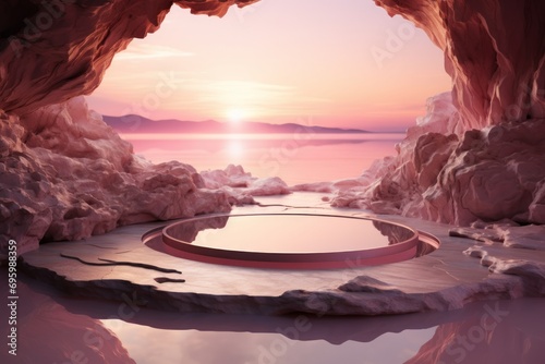 Fototapeta Naklejka Na Ścianę i Meble -  Round pedestal product display podium on the rock mountain cave, For product display, 3d render illustration.
