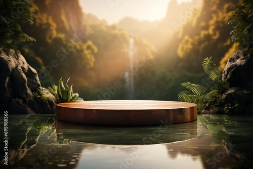 Wooden product display podium with jungle and waterfall background, Tropical rainforest valley landscape, 3d render illustration. #695988366