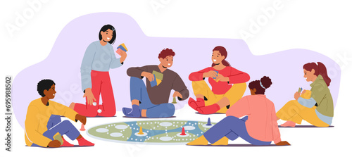 Friends Gather On The Floor, Laughter Echoing, As They Engage In Lively Board Games. Cards And Dice In Hand