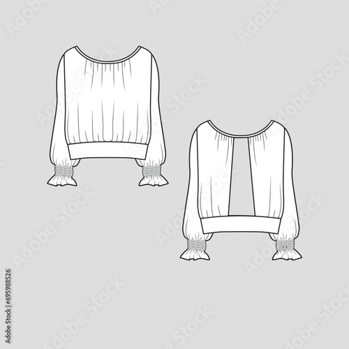 Fashion Top gathering Smocked Ruffles long Sleeve hem top gatherings detail Smocking sleeve t shirt top blouse fashion clothing flat sketch technical drawing template design vector