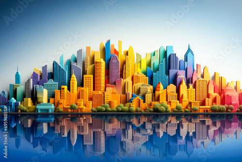 Cityscape Embellished with Rainbow Patterns Displaying Support for LGBTQ+ Pride Month Against a Gradient Backdrop