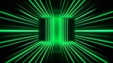 Green grids neon glow light lines design on perspective floor, 3d technology abstract neon light background. Abstract flight in retro neon hyper warp space in the tunnel. 