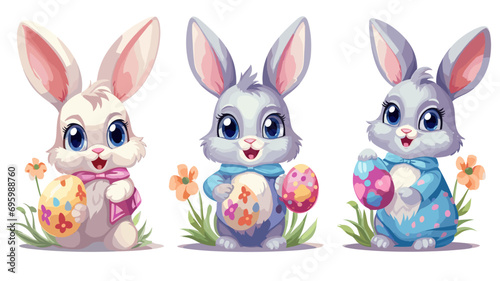 vector illustration set, cute Cartoon Rabbit with Easter Eggs or flowers. Decoration element. Set of cute easter bunnies. Easter bunny with eggs. Beautiful design element. Decoration for school, menu,