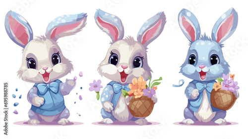 vector illustration set, cute Cartoon Rabbit with Easter Eggs or flowers. Decoration element. Set of cute easter bunnies. Easter bunny with eggs. Beautiful design element. Decoration for school, menu,