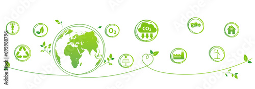 Green banner design for World environment, Sustainability development, Ecology, Eco friendly, Reduction of carbon emissions, Net zero, Vector illustration