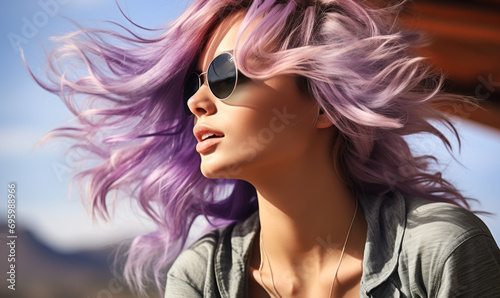Fashionable Young Woman with Flowing Purple Hair and Sunglasses on a Sunny Day