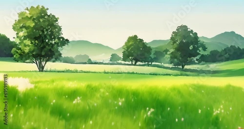 Green color watercolor theme meadow landscape