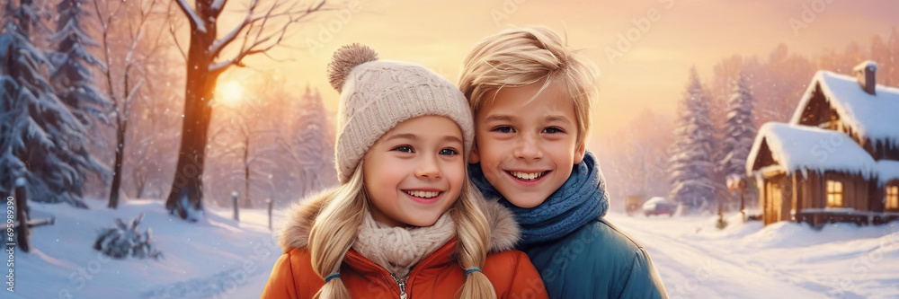 Cheerful blondes boy and girl with a wide smile, winter, banner
