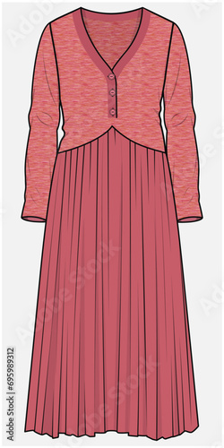SWEET HEART NECKLINE FRONT BUTTONED KNIT DRESS WITH LONG SLEEVES AND PERMANENT PLEAT SKIRT DESIGNED FOR WOMEN AND YOUNG WOMEN  IN VECTOR ILLUSTRATION FILE