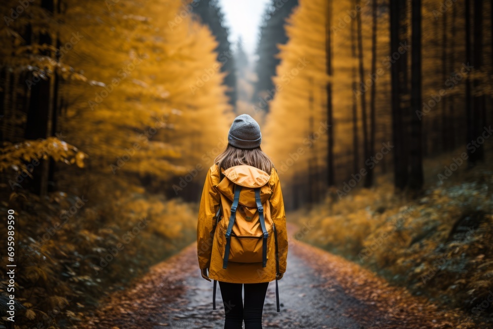 Beautiful autumn forest hiking trail active hiker woman walking in idyllic fall nature background