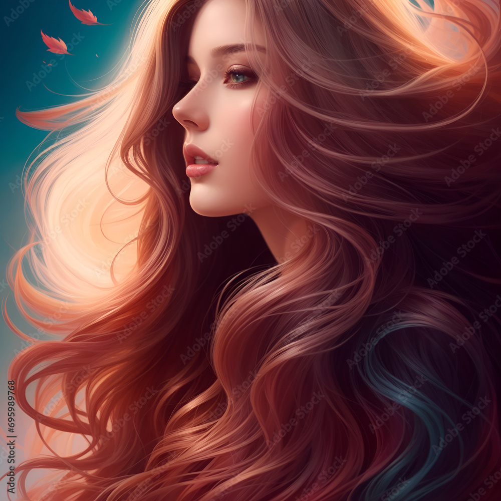 a painting of a woman with flowing hair, stunning digital illustration. ai generative
