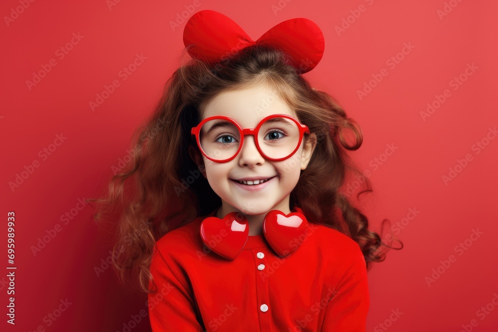 Valentine's day, love and people concept - smiling little boy in red heart shaped sunglasses over red background, beautiful kid wearing stylish big red glasses on valentine day, AI Generated Valentine's day, love and people concept - smiling little boy in red heart shaped sunglasses over red background, beautiful kid wearing stylish big red glasses on valentine day, AI Generated