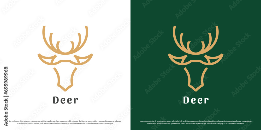Deer head logo design illustration. Silhouette line art shape mascot head antlers animal deer mountains forest wildlife. Flat icon concept minimal minimalist simple modern bold geometric masculine. St...