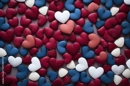Valentine's day background with red, white and blue hearts, Background of hearts, concept of friendship and Valentine's day background with red, white and blue hearts, AI Generated
