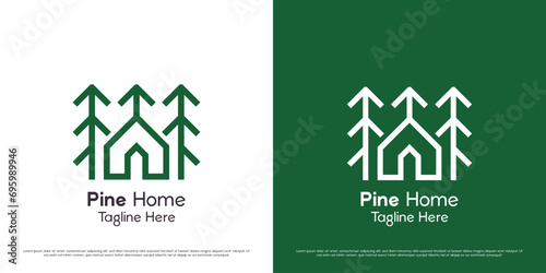 Pine house logo design illustration. Pine forest tree bio house building silhouette. Simple minimalist icon symbol for natural village accommodation. photo