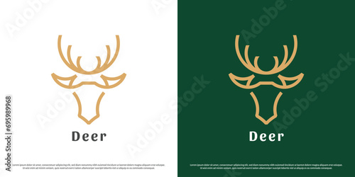 Deer head logo design illustration. Silhouette line art shape mascot head antlers animal deer mountains forest wildlife. Flat icon concept minimal minimalist simple modern bold geometric masculine.