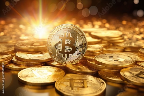 Golden bitcoin on a gold background with bokeh. 3d rendering, Bitcoins money Virtual currency with golden background, AI Generated photo