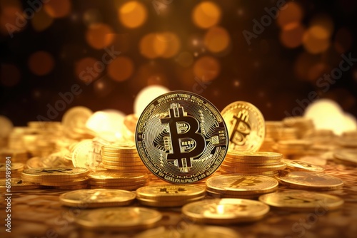 Bitcoin cryptocurrency coin on golden background. Cryptocurrency concept. 3D Rendering, Bitcoins money Virtual currency with golden background, AI Generated