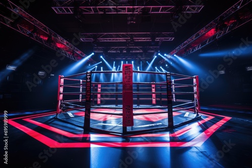 Boxing ring in a dark room with red lights and smoke, Boxing fight ring, boxing arena for intended for MMA matches, AI Generated