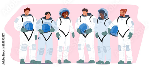 Astronaut Characters Stand In A Disciplined Row, Space Helmets Gleaming, Their Suits Echo With The Spirit Of Exploration