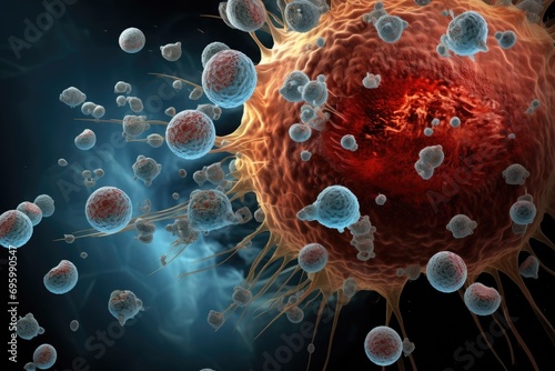 3D illustration of SARS-CoV-2 virus cells in colour background, A 3D microscopic view of a tumor cell inside the body provides a clear insight into cancerous growth, AI Generated photo