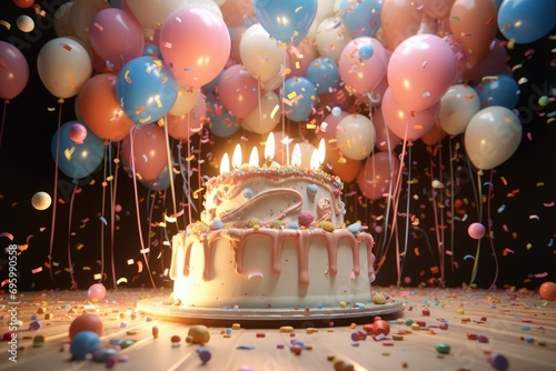 Birthday cake with candles, balloons and confetti on wooden table, A 3D render showcases a birthday cake with candles, balloons, and confetti, AI Generated