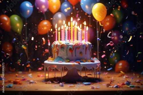 Birthday cake with candles and confetti on wooden table. Selective focus, A 3D render showcases a birthday cake with candles, balloons, and confetti, AI Generated