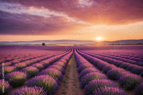 Scenic lavender fields at sunset