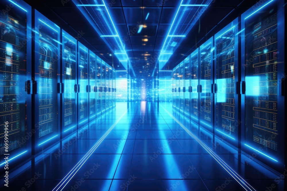 3D render of a futuristic server room with blue glowing lights, Big data center technology warehouse with servers for information digitalization starts, AI Generated
