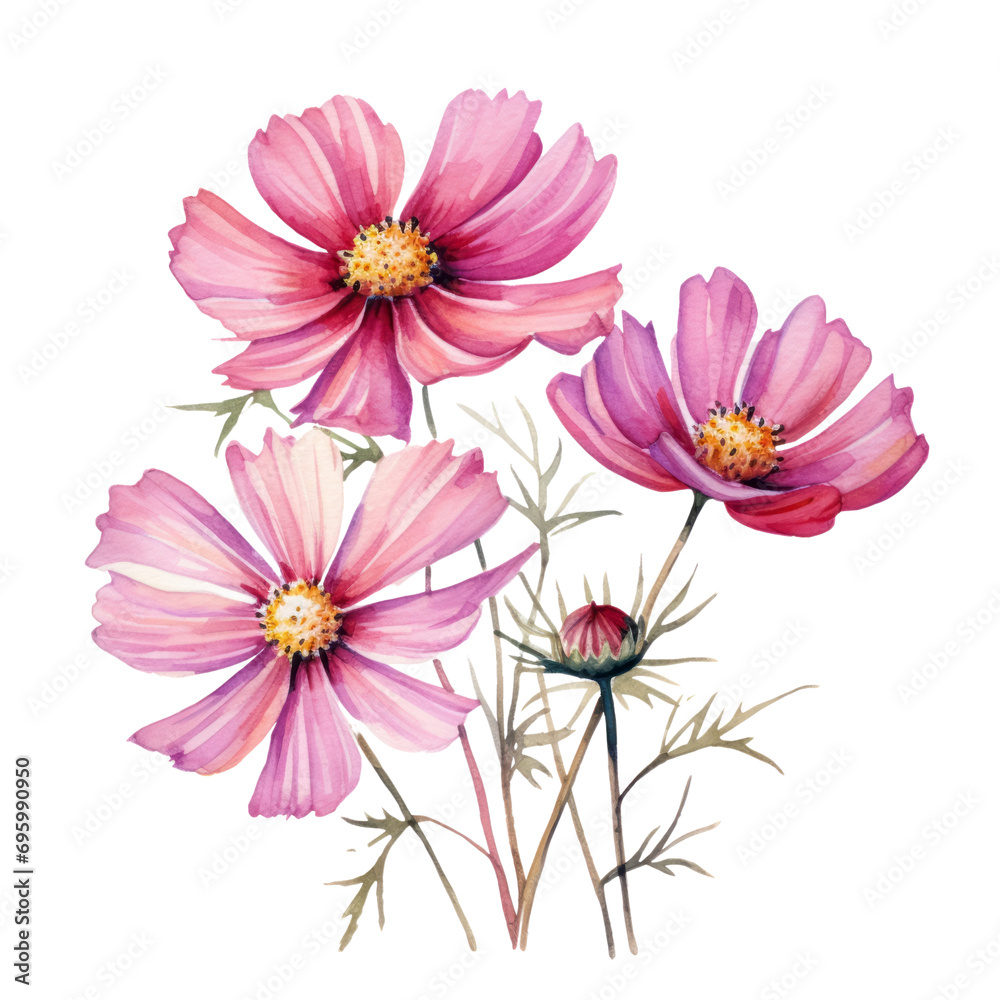 Beautiful Pink Cosmos Flowers Botanical Watercolor Painting Illustration