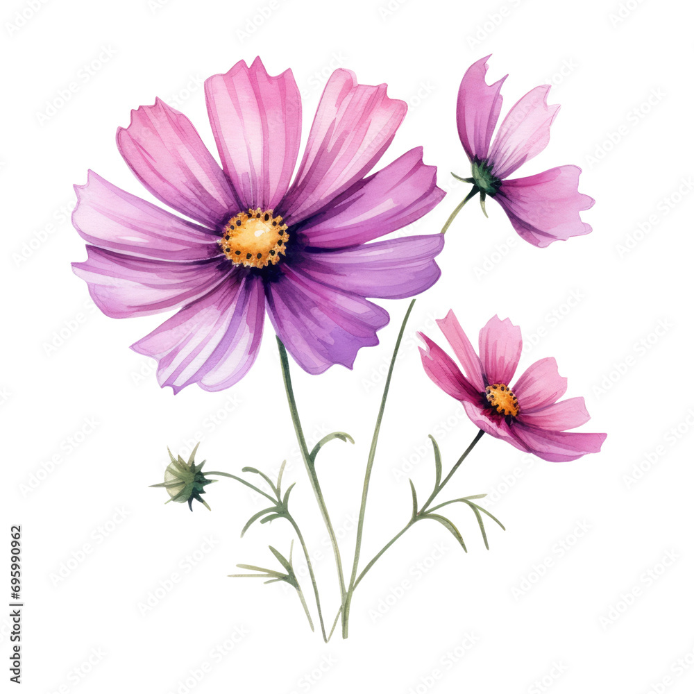 Three Purple Cosmos Flowers Botanical Watercolor Painting Illustration Three Purple Cosmos Flowers Botanical Watercolor Painting Illustration