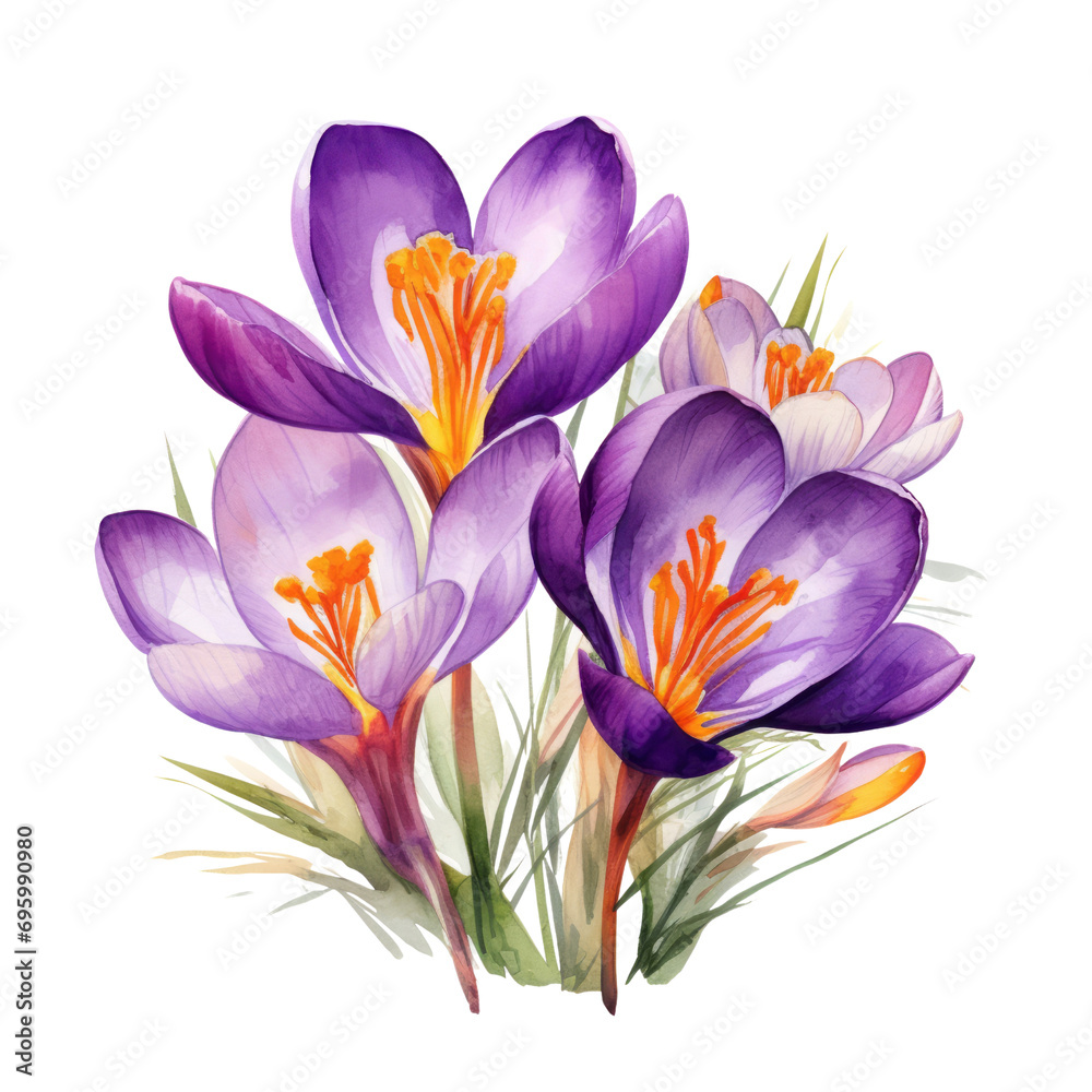 Beautiful Vibrant Purple Crocus Flowers Bouquet Botanical Watercolor Painting Illustration