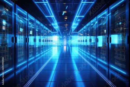 3D render of a futuristic server room with blue glowing lights  Big data center technology warehouse with servers for information digitalization starts  AI Generated