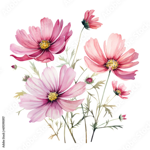 Blooming Purple and Pink Cosmos Flowers Botanical Watercolor Painting Illustration