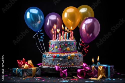 Birthday cake with candles, gifts and balloons on a black background, Birthday cake adorned with candles, gifts, and colorful balloons on a black background, AI Generated