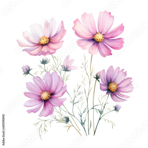 Lovely Pastel Purple Cosmos Flowers Botanical Watercolor Painting Illustration