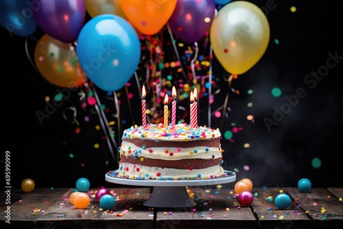 Birthday cake with burning candles and colorful balloons on wooden table over black background, Birthday cake featuring colorful balloons, gifts, and confetti on the table, AI Generated